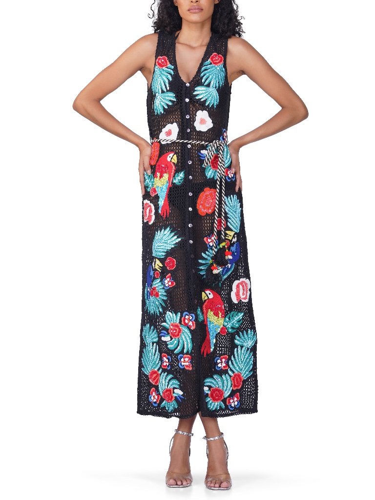 America & Beyond Black Embroidered Maxi Dress With Tropical Embroidered Parrots